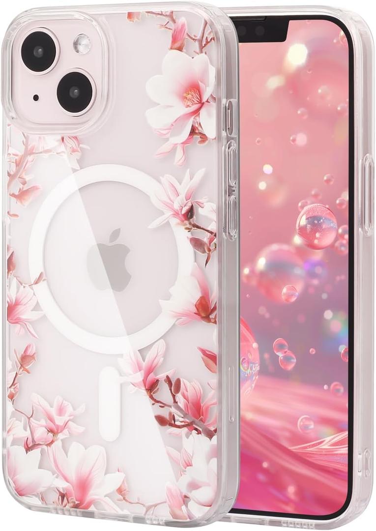 MagSafe Compatible Floral Case for iPhone 13/14, Clear Cute Girly Slim Transparent Phone Case with Magnolia Flowers for Women Girls Ladies (iPh 13/14-Magnolia/Clear)