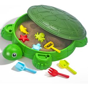 VROGTIK Turtle Sandbox with Lid & Beach Toys Set, 38" Kids Sandbox for Toddlers 3-8, Indoor Outdoor Sensory Play Sand Box with Cover, Summer Gift for Ages 3-8