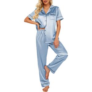 Ekouaer Silk Satin Pajamas Set Women Short Sleeve Sleepwear Soft Button Down Loungewear Pjs Set Light blue Large