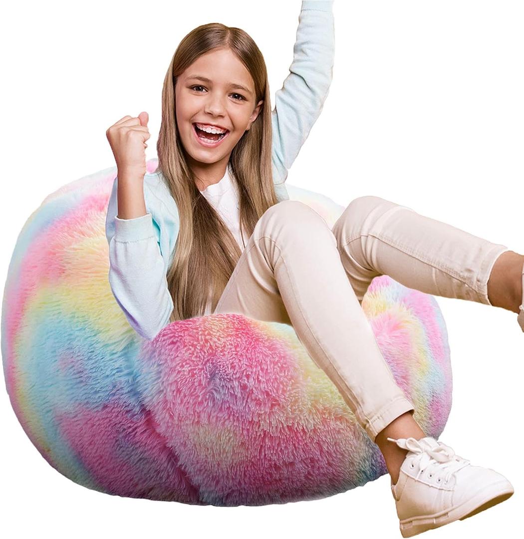 Fluffy Bean Bag Chair for Kids, 2.5FT Round Foam Filled Bean Bag for Teens & Kids, Ultra Soft Faux Fur Fabric Bean Bag Chairs for Playroom, Living Room, Bedroom, Rainbow, Small