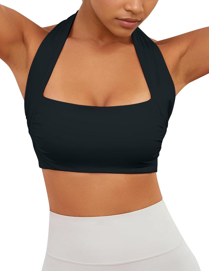 HOCANDY Womens Halter Sports Bra Square Neck Racerback Bras Seamless Padded Yoga Bra Workout Crop Tank Top (Black, S)