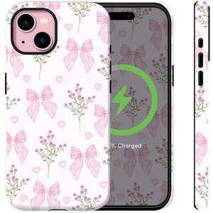 Compatible for iPhone 13 Case Pink Bows Florals Wildflowers Aethetic Design [Compatible with Magasfe] Shockproof Soft TPU and Hard Shell Protection Cute Phone Case for iPhone 13