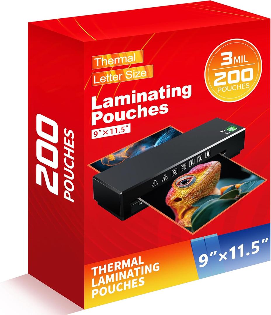 Thermal Laminating Pouches,Hold 8.5 x 11 inch Sheets 200 Pack,3 Mil Clear Thermal Laminate Pouches 9x11.5 inch Lamination Sheet Paper