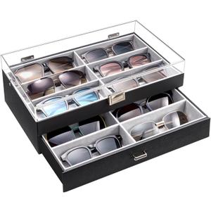 ProCase 12 Slots Acrylic Clear Top Sunglass Organizer, 2 Layers Eyeglasses Case Multi Pairs Storage Eyewear Display Holder with Transparent Lid and Drawer -Black