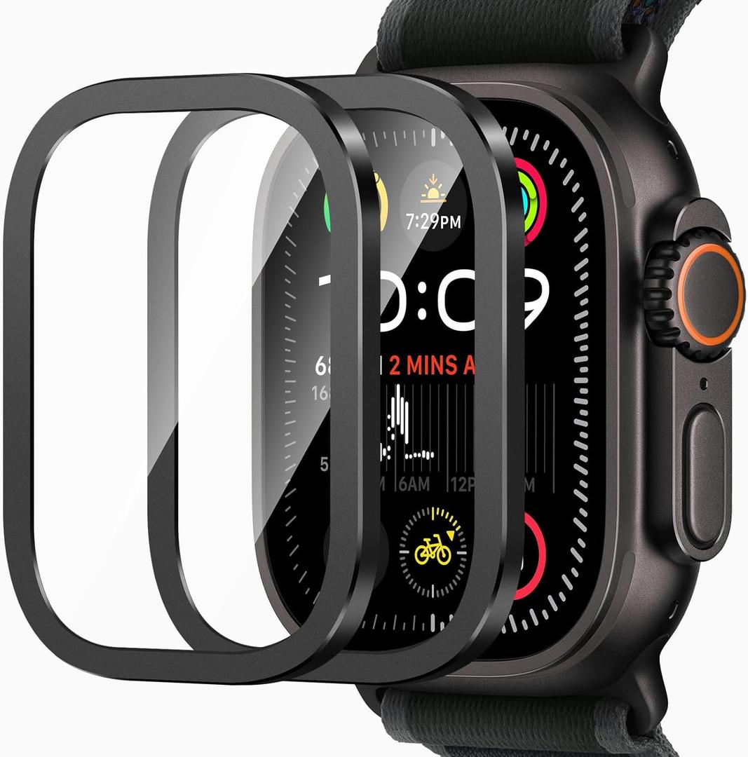 Amizee 2 Pack Metal Case Compatible with Apple Watch Ultra 3/2/1 Screen Protector Case 49mm with Tempered Glass, Metal Frame Built in HD Glass Protective Cover for iWatch 49mm (A-Black)