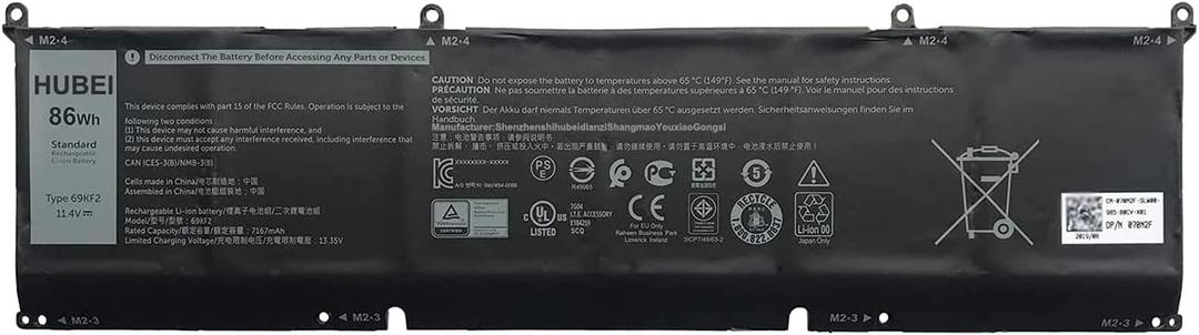 69KF2 8FCTC 08FCTC 70N2F 070N2F Laptop Battery Replacement for Dell XPS 15 9500 Precision 5550 Alienware M15 R3 R4 M17 R3 R4 Series (11.4V 86Wh 7167mAh)