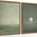 Framed Japanese Zen Wall Art Set of 2, Minimalist Sage Green Flying Duck Canvas Wall Decor Paintings, Modern Sunset Landscape Artwork Prints Picture for Living Room Bedroom Bathroom 16x24 Inch