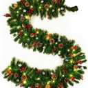 9FT Christmas Garland with Lights, Pre-Lit Christmas Garland Decorated with Red Berries Silver Balls and Pinecones, Battery Operated Christmas Decorations for Mantle Fireplace Indoor Outdoor Home