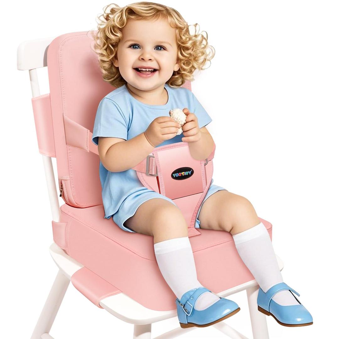 Toddler Booster Seat for Kitchen Chair with Removable Backrest & Adjustable Straps, PU Portable Waterproof & Non-Slip Booster Seat for Dining Table, Travel Child Eating Cushion - Pink