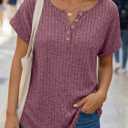 AUTOMET Women Tops Summer Sweaters Short Sleeve V Neck Henley Shirts Dressy Button Blouses (S)