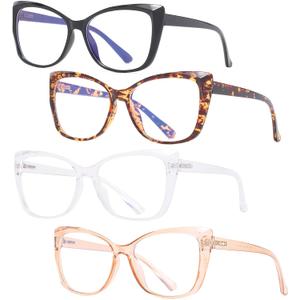 4 Pack Cat-Eye Oversized Reading Glasses for Women Men, Lightweight Large Readers Trendy Eyeglasses +2.00 (4 Pack (Black+tortoise+transparent+champagne))