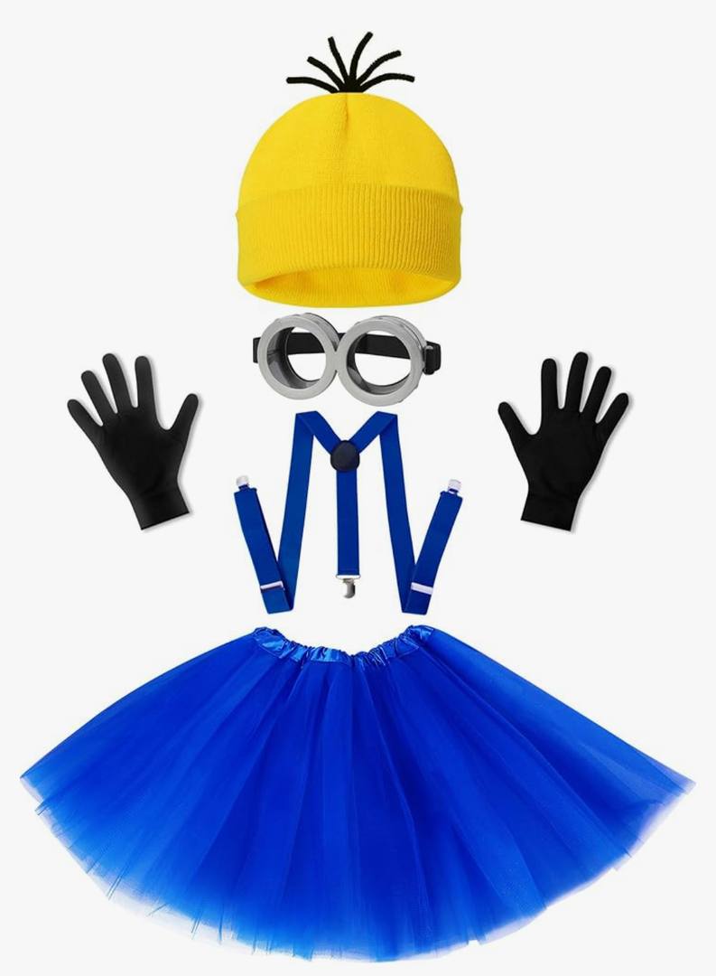 WISHTEN Halloween Costume for Adult Women,Goggles/Yellow Beanie/Blue Dress/Suspenders/Gloves Halloween Costume Accessories