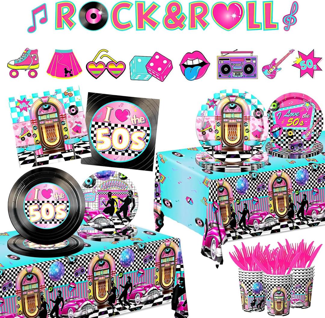 1950s Party Decorations,143Pcs 50's Theme Party Decorations Rocking Music Party Tableware Set 50's Rock and Roll Plates Napkins Hip Hop Tablecloth for 50s Diner Party Anniversary Disposable Supplies