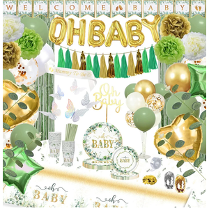 223Pcs Sage Green Baby Shower Decorations,"OH BABY" Banner, Balloon, Sash, Cake Topper for 25 Guests,Neutral Baby Shower Decor Supplies- Disposable Dinnerware Set With Eucalyptus Leaf