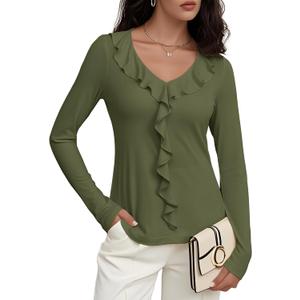 Meetrendi Women's Long Sleeve Shirts Dressy Casual V Neck Ruffle Knit Tunic Tops 2025 Fall Trendy Work Blouse (Army Green,Small)