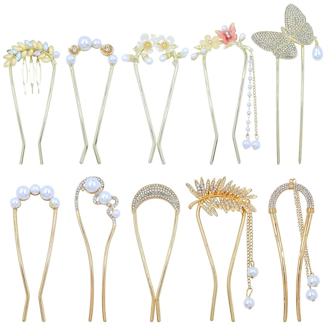 Lawie 10 Pack Cute Flower Butterfly U Shaped Gold Metal Hair Fork Pins Curved Chopsticks for Hair Sticks with Dangles French Hair Pins Bun Holder Decorative Hair Accessories for Women Girls (Gold A)