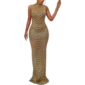 WOKANSE Women's Night Out Rhinestone Bodycon Maxi Dress Sexy Mesh See Through Club Long Dresses
 S/M