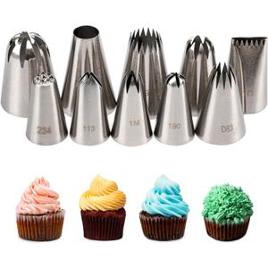 Cake Decorating Icing Piping Tip Set, 10 X-large Decorating Tips Stainless Steel Plus 20 Disposable Pastry Bags