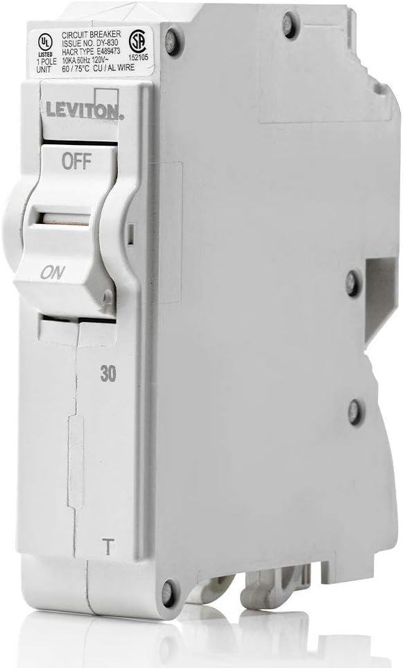 Leviton LB130-T 30A 1-Pole Plug-On Standard Branch Circuit Breaker, Thermal Magnetic, 120 VAC, White