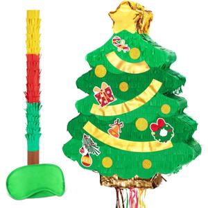 WERNNSAI Christmas Tree Piata - Christmas Decorations XmasTree Party Game for Kids Festival Party Decor Supply Green Tree Design Merry Xmas Favor Pull String with Blindfold Bat 16.5 x 12.4