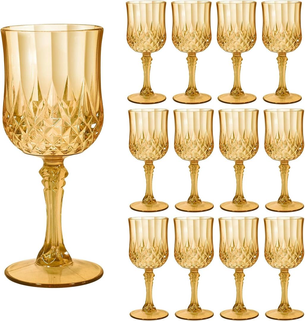 CHLJAR 7oz Plastic Vintage Drinking Glasses Wine Glasses Vintage Champagne Flutes Unbreakable Wedding Glassware Crystal Water Goblets Reusable Drinkware (Amber, 12 PCS)