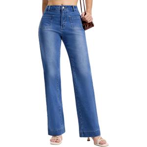 SEVEGO Tall Women's 32/34/36/38 Inseam Wide Leg Jeans High Waisted Stretchy Straight Loose Trendy Denim Pants Pockets (Blue, M)