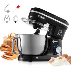 VEVOR Stand Mixer, 5QT Dough Mixer, 10+P Speeds Tilt-head Food Mixer, Kitchen Mixer with Stainless Steel Bowl, Dough Hook, Wire Whip, Beater, Scraper, Household Stand Mixer for Baking Mixing, Black