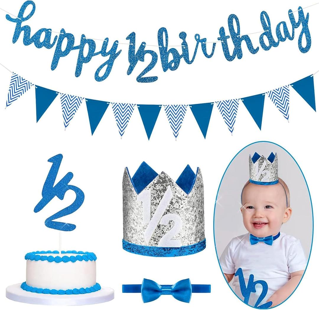 Spakon Glitter Half Birthday 6 Months Happy Birthday Banner Set Happy 1/2 Birthday Baby Boy Girl 1/2 Half Year Cake Topper Triangle Flag Banner 1/2 Birthday Crown Hat Bow Tie (Dark Blue)