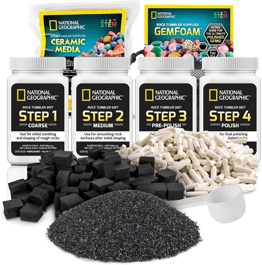 NATIONAL GEOGRAPHIC Rock Tumbler Grit & Media Refill Kit Rock Polishing Supplies Kit, 4-Stage Silicon Carbide Bulk Grit, 1.5 Pounds of Ceramic Pellets, Stone Tumbling & GemFoam Polishing Media