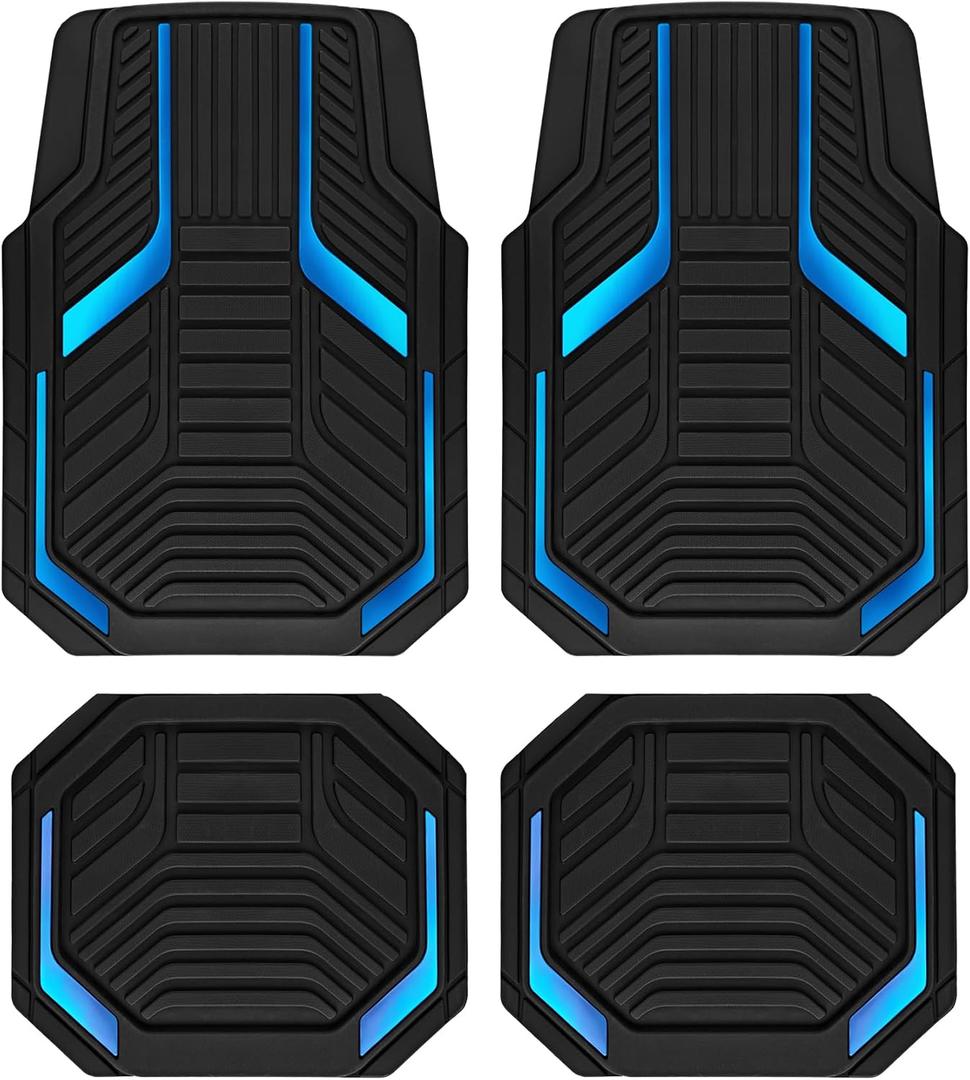 PIC AUTO Heavy Duty Rubber Floor Mats, Blue Aluminum Film Car Mats Set, Front and Rear Car Mats with Anti-Slip Backing, All Weather Protection, Trim-to-Fit for Automotive SUV, Sedan, Van