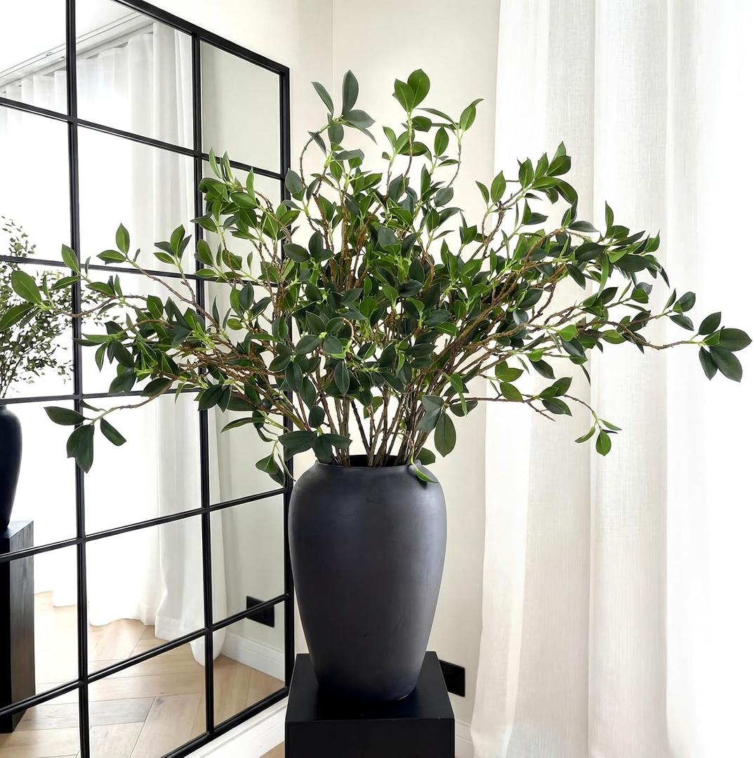Suncalla 6 Pcs Artificial Greenery Stems 28 Inch Tall Faux Bay Leaf Branches Spring Fake Greenery Plants Plastic Bay Laurel Stems for Vase Filler, Wedding Table Centerpieces, Neutral Modern Home Decor