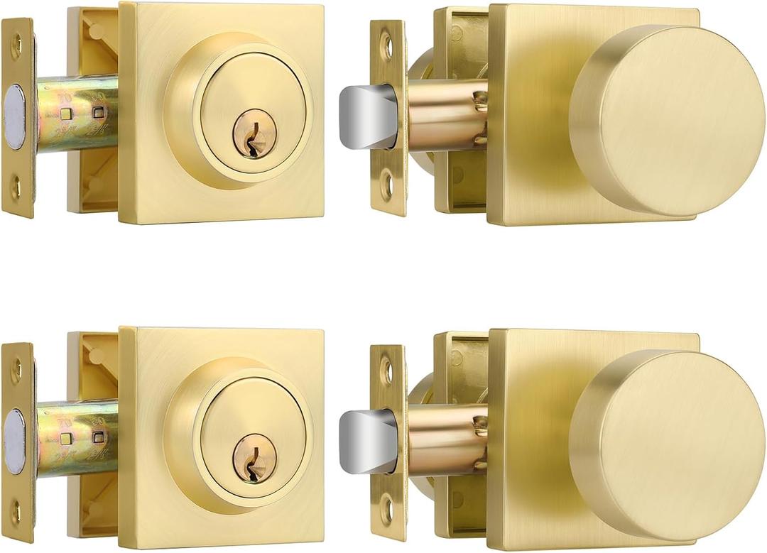 Haidms Gold Door Knobs with Deadbolt, Heavy Duty Gold Exterior Door Knobs, Zinc-Alloy Brushed Brass Front Door Knob and Deadbolt Set (2 Pack)