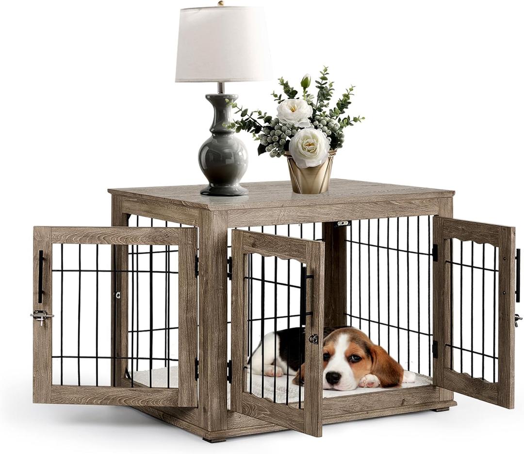 Upolana Dog Crate Furniture, 32 inch Medium Dog Crates with Bed Mat, Wooden Dog Kennel Furniture, End Side Table Dog Cage with 3 Doors, Greige
