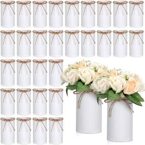 Rustic Vase for Table Centerpieces 5.91 Inch Flower High Vase with Twine Bow Vintage Farmhouse Decor for Wedding Reception Dining Baby Shower Home Galvanized Metal Buckets(White,32 Pcs)