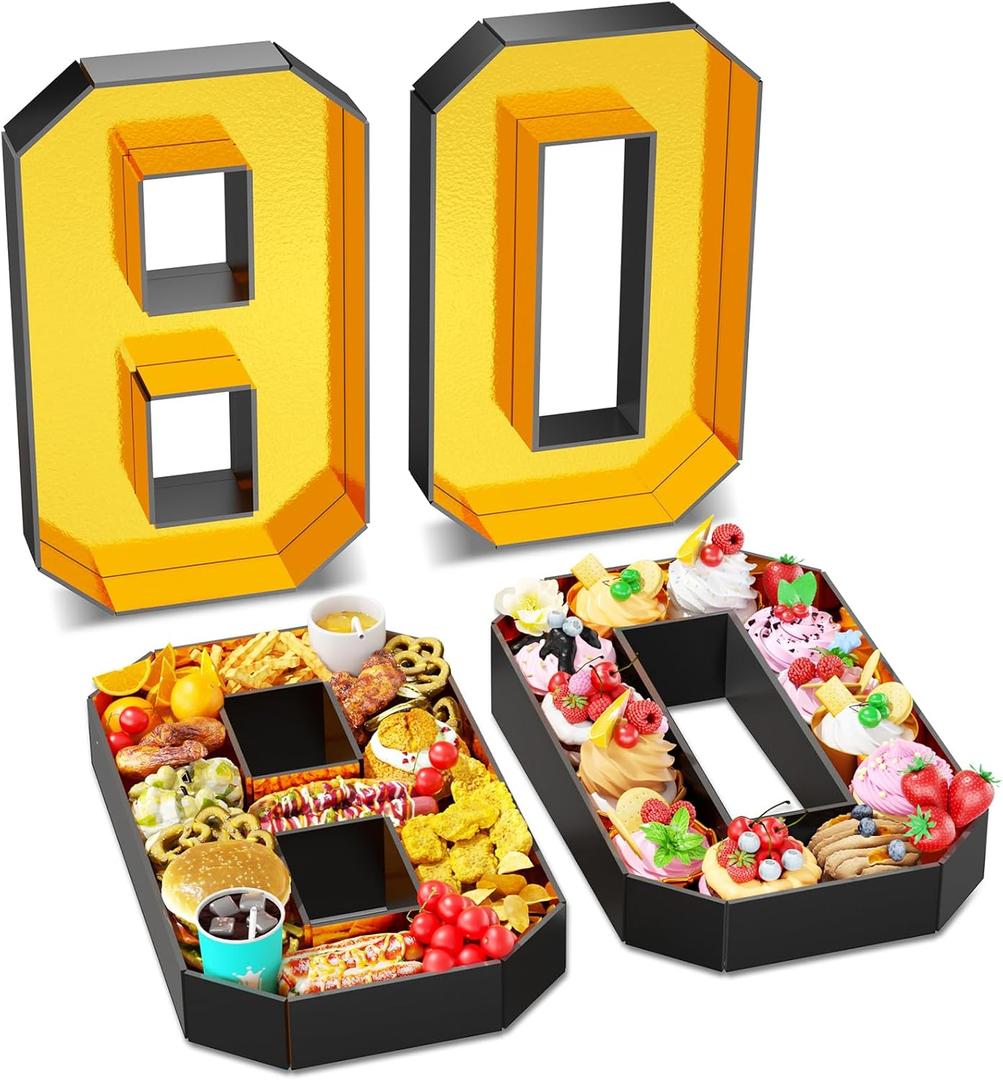 Paready 13.78'' Gold Black Fillable Number 80 Cardboard Tray for Charcuterie, 80th Anniversary, Birthday Party Decoration