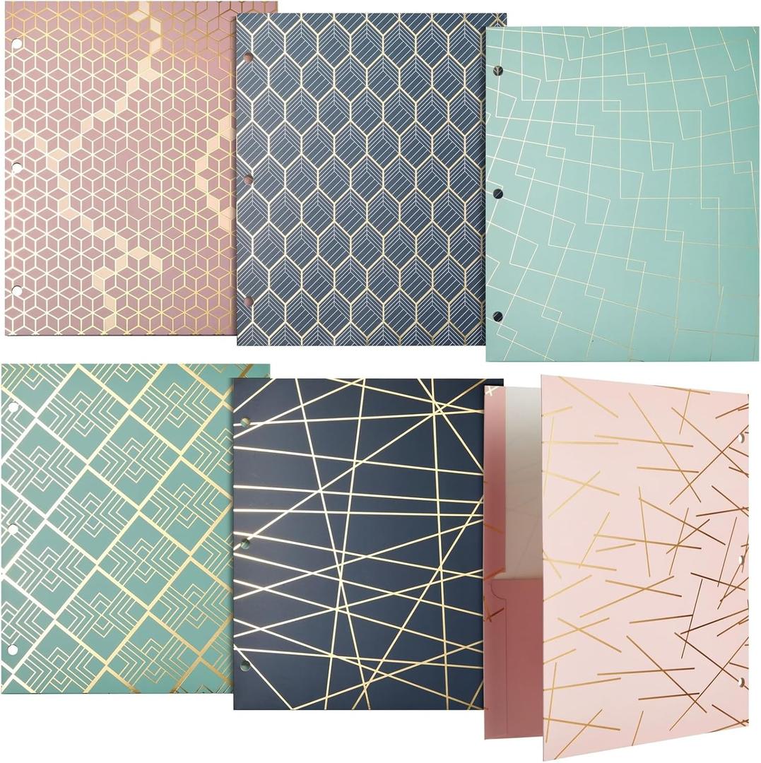 Paper Junkie School Folders with Pockets, 3 Hole Punched with 6 Geometric Designs for Office Supplies (9.5 x 12 Inches) - Pack of 6 Pocket Folders