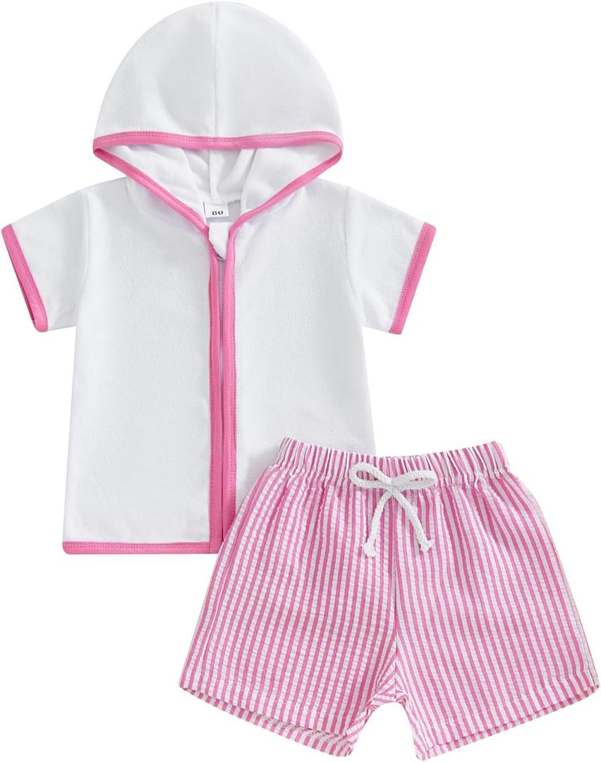 Kids Baby Boy Girl Swim Cover Up Toddler Swim Trunks and Short Sleeve Coverup Beach Bathing Suit Swimwear (Pink)