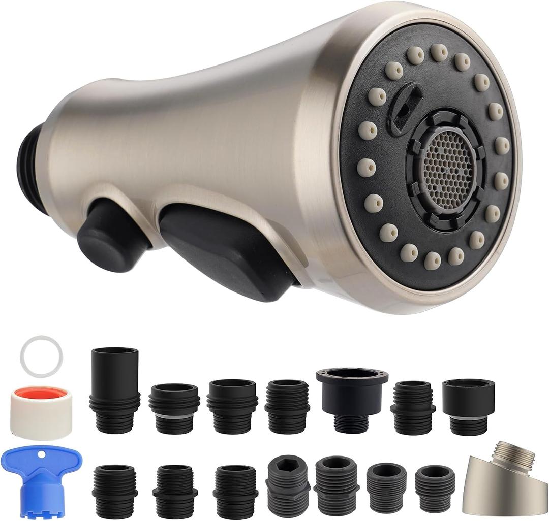 Hibbent Pull Down Kitchen Faucet Head Replacement, NSF/ANSI/CAN 61 & CUPC Certified 3-Function Sink Spray Nozzle with 15 Adapters Compatible with Moen, Delta, Kohler Faucets, Brushed Nickel