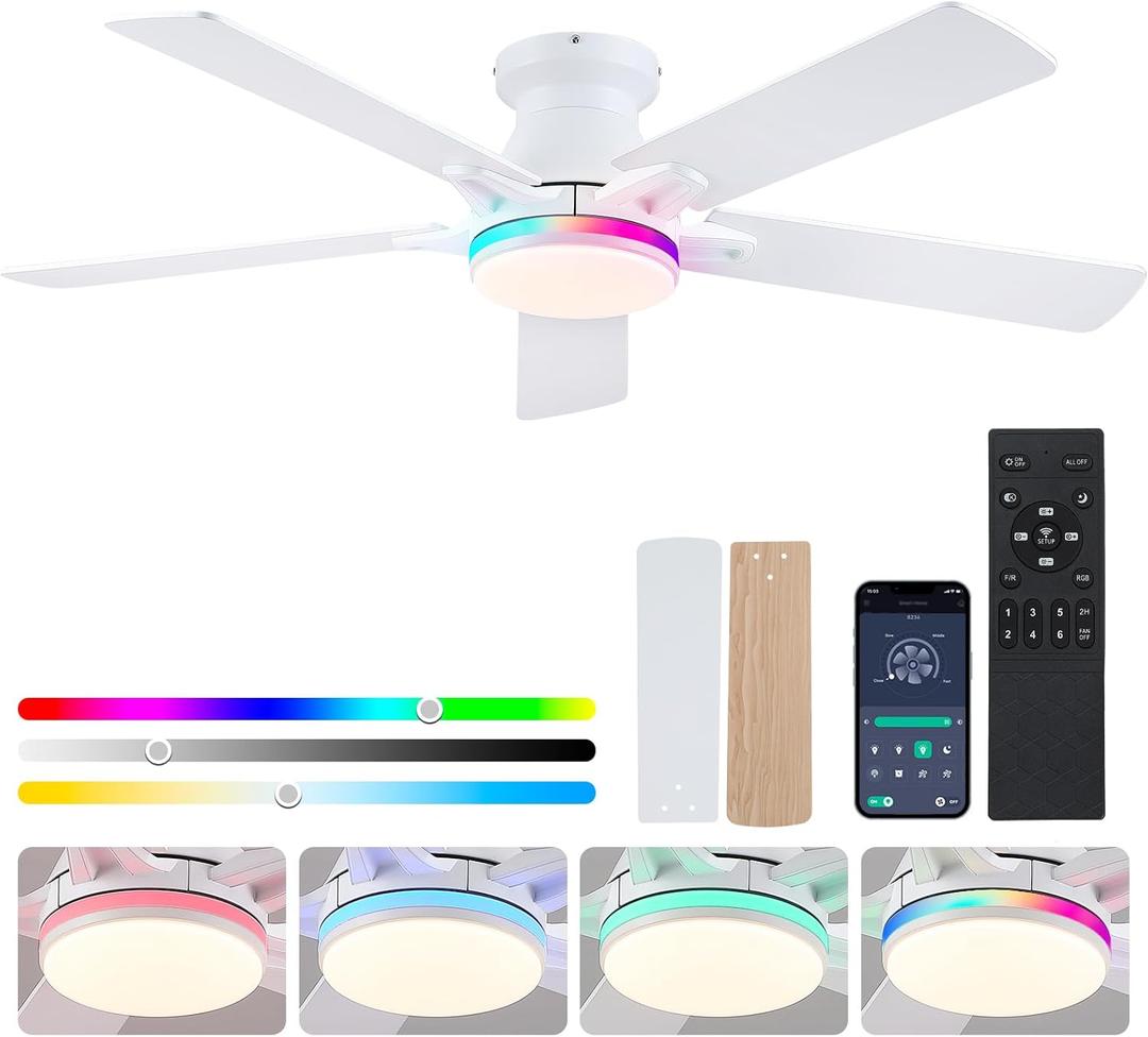 Flush Mount Ceiling Fans with RGB Side Lights - 52" White RGB Ceiling Fan with 5 Dual-Sided Blades, Dimmable Reversilbe Motor, Low Profile Indoor/Outdoor Fan Light for Party, Bedroom