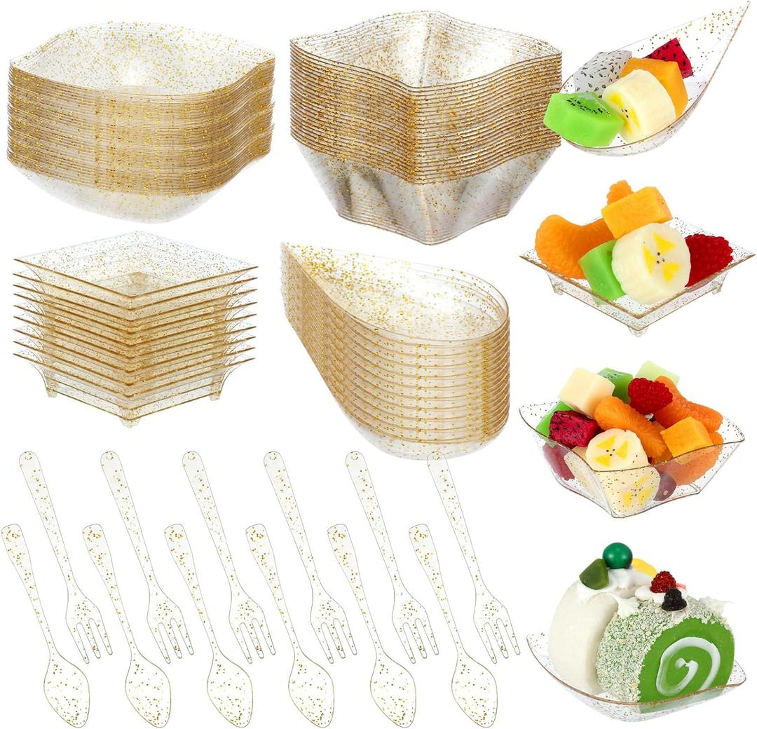Tessco 200 Pcs Mini Appetizer Plates with Spoons Forks Disposable Mini Dessert Plates Plastic Appetizer Bowls Tiny Individual Serving Trays for Party(Gold Glitter,Classic)
