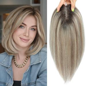 100% Real Human Hair Topper for Women Human Hair Pieces for Women 12 inch Ombre Light Brown with Blond Highlight Hair Hoppers Mono Base Hairpieces for Thinning Hair2T613