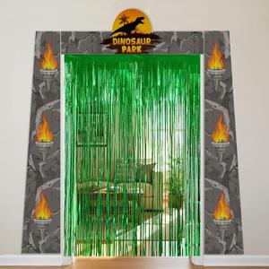 Dinosaur Birthday Party Decorations Supplies - Dino Park Door Porch Banner Backdrop and Green Foil Fringe Curtains for Jungle Safari Theme Boys Kids Favors Photoshoot Props