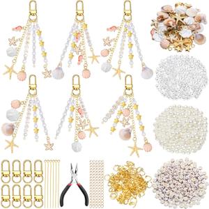 Cunno 776 Pcs Seashell Keychain Making Kit Ocean DIY Craft Key Chain Starfish Pearl Seahorse Letter Name Beads with Keychain Clip and Tool Accessories for Backpacks Purse Tote Bag Crafts DIY Supplies (Pink Gold)