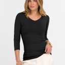 ANRABESS 3/4 Sleeve Shirts for Women V Neck Ribbed Knit Slim Fitted Tops Basic Tshirt 2026 Summer Casual Tees Trendy Outfits (Black, M)