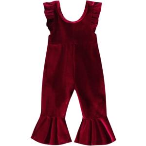 YOKJZJD Infant Toddler Baby Girl Velvet Romper Jumpsuit Overalls Bell Bottom Pants Fall Suspender Leggings Christmas Outfits (6-12 Months, Red)