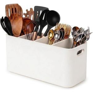 White Wooden Utensil Holder for Counter or Countertop - Extra Large 4 Compartment Wood Utensil Organizer, Painted Spatula Holder, Silverware Crock, Kitchen Utensil Storage