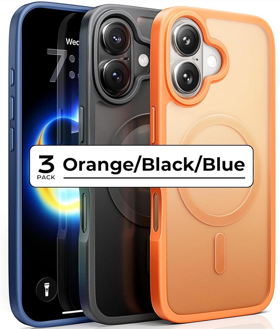 LISEN 3-Pack Magnetic Shockproof for iPhone 17 Case Slim [Fit for MagSafe][Military Grade Drop Protection] Translucent Matte Phone Case for i Phone 17, Cosmic Orange, Space Black, Deep Blue