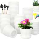 48 Pack Plastic Planters 4 Inch Flower Plant Pots Indoor Set Thickened Seedling Nursery Pots Seed Starting Pots with Drainage Holes Saucers, Mini Garden Tools for Home Office Garden, White