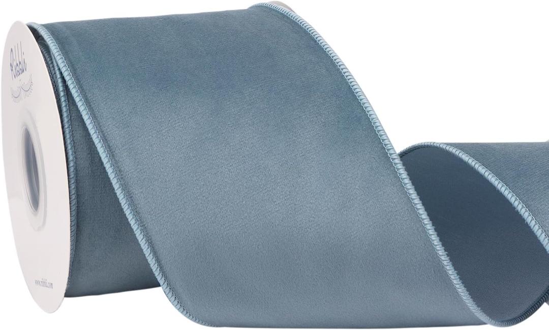 Ribbli Dusty Blue Velvet Wired Ribbon with Dupioni 4 Inch Christmas Ribbon for Gift Wrapping Christmas Tree Decoration Crafts Wreaths Supplies-Continuous 10 Yards