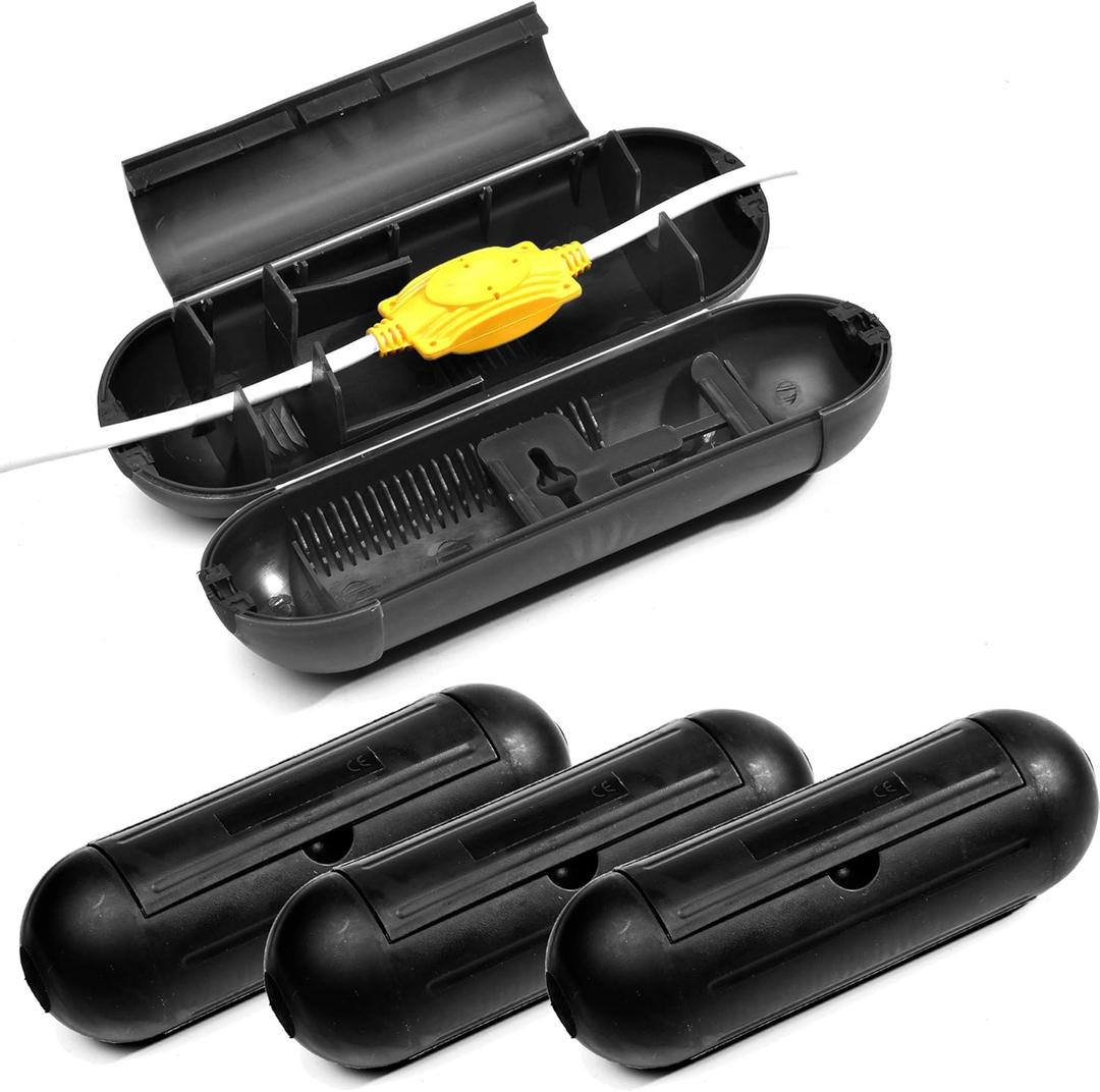 4 Pack Extension Cord Protective Cover Set (Black) | Indoor Outdoor Water-Resistant Holder for Holiday String Lights and Wires | Capsule Shaped Protector with Large Compartment